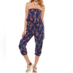 Mudd Strapless Patterned Jumpsuit - Blue and Orange